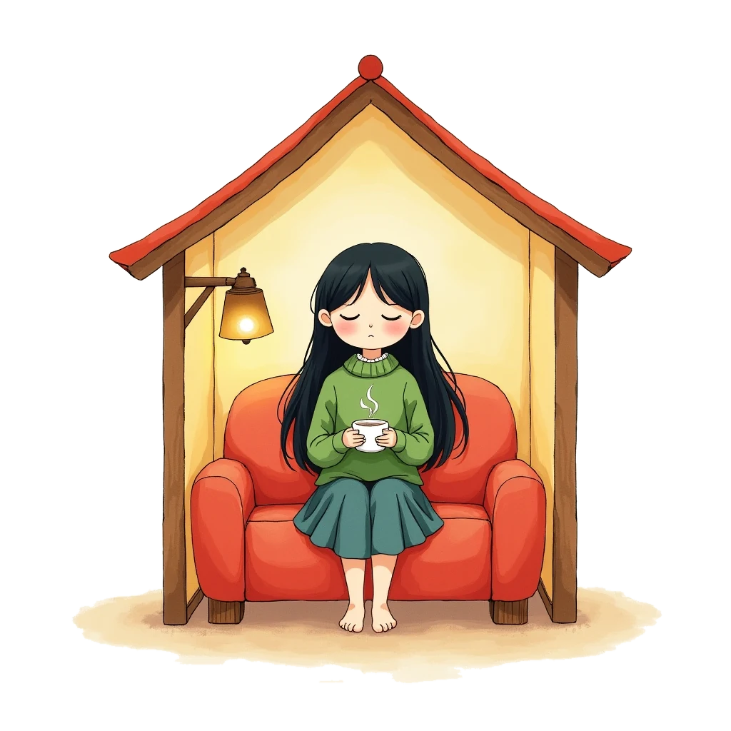 Picture story for the kanji 安, meaning relax