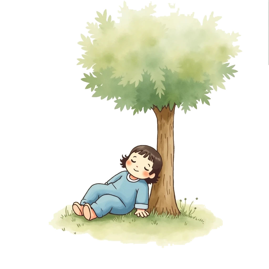 Un niño descansa con los ojos cerrados, apoyado en un árbol